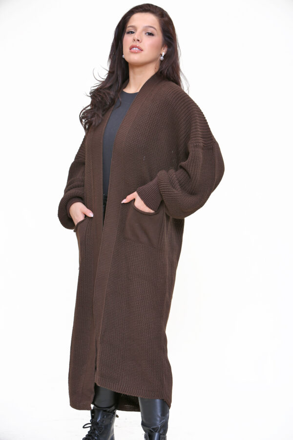 Oversized longline balloon sleeved knitted cardigan - 2 Brown (2)