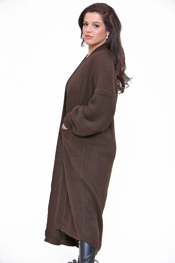 Oversized longline balloon sleeved knitted cardigan - 2 Brown (3)