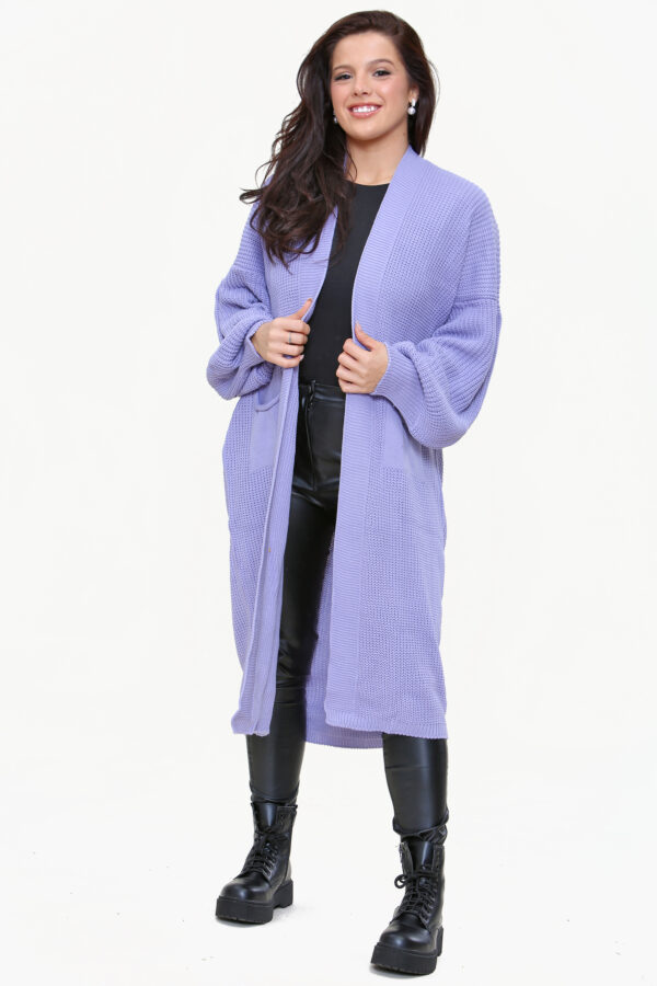 Oversized longline balloon sleeved knitted cardigan - 2 Lilac (1)