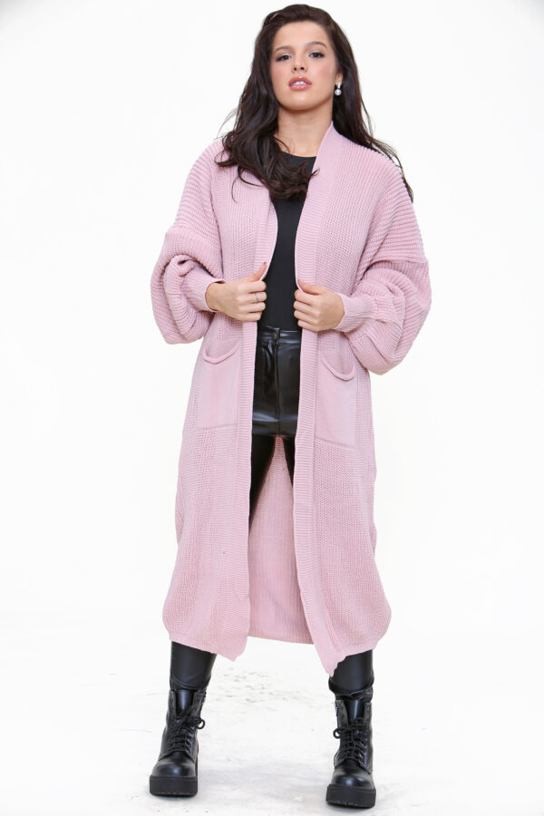 Oversized longline balloon sleeved knitted cardigan - 2 Pink (1)
